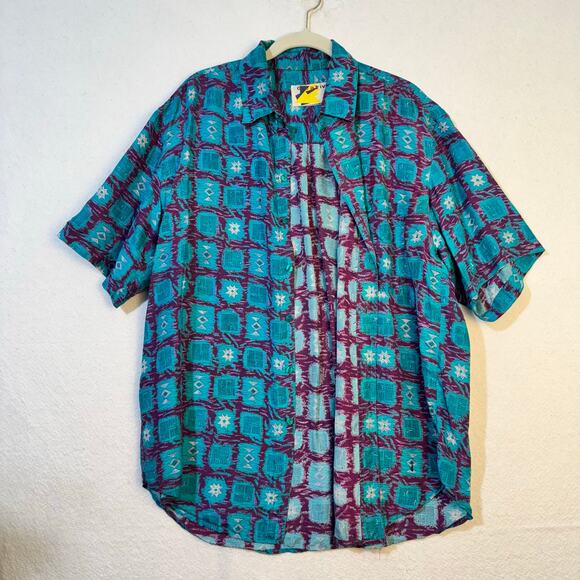 Creative Edge South Western Print Silk Button Up Blouse Size Large Short Sleeve - Picture 5 of 8
